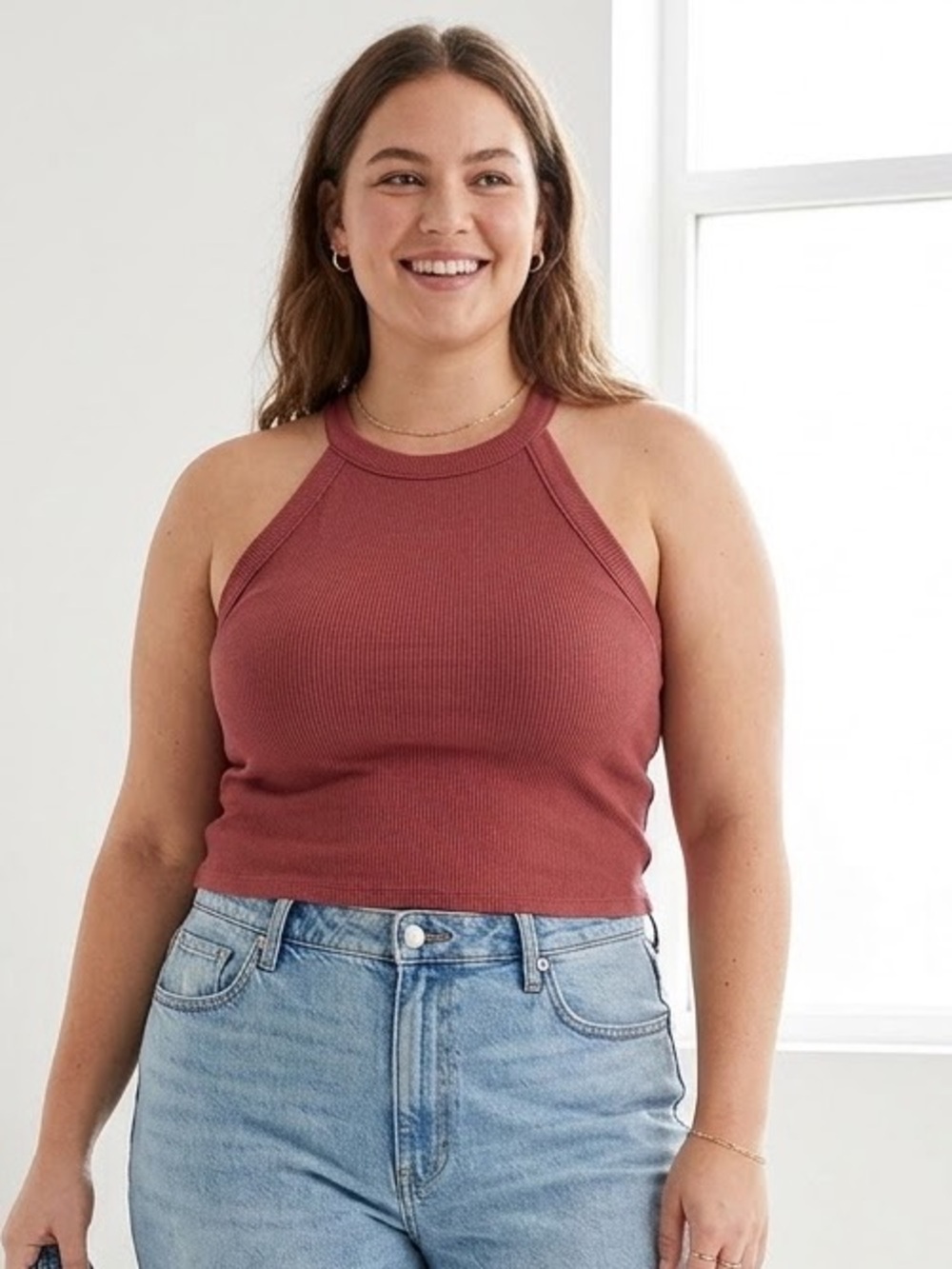American Eagle Soft & Sexy Ribbed Halter Tank Top L Large Maroon Rust